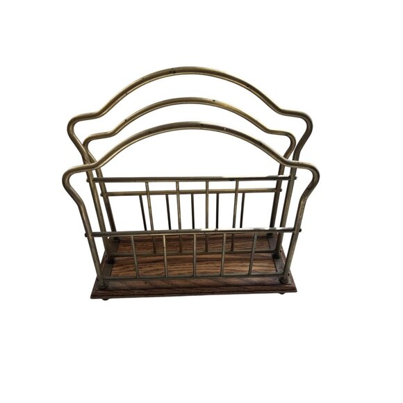 Vintage Brass & Wood Magazine Newspaper Rack Organizer Stand - Picture 3 of 6